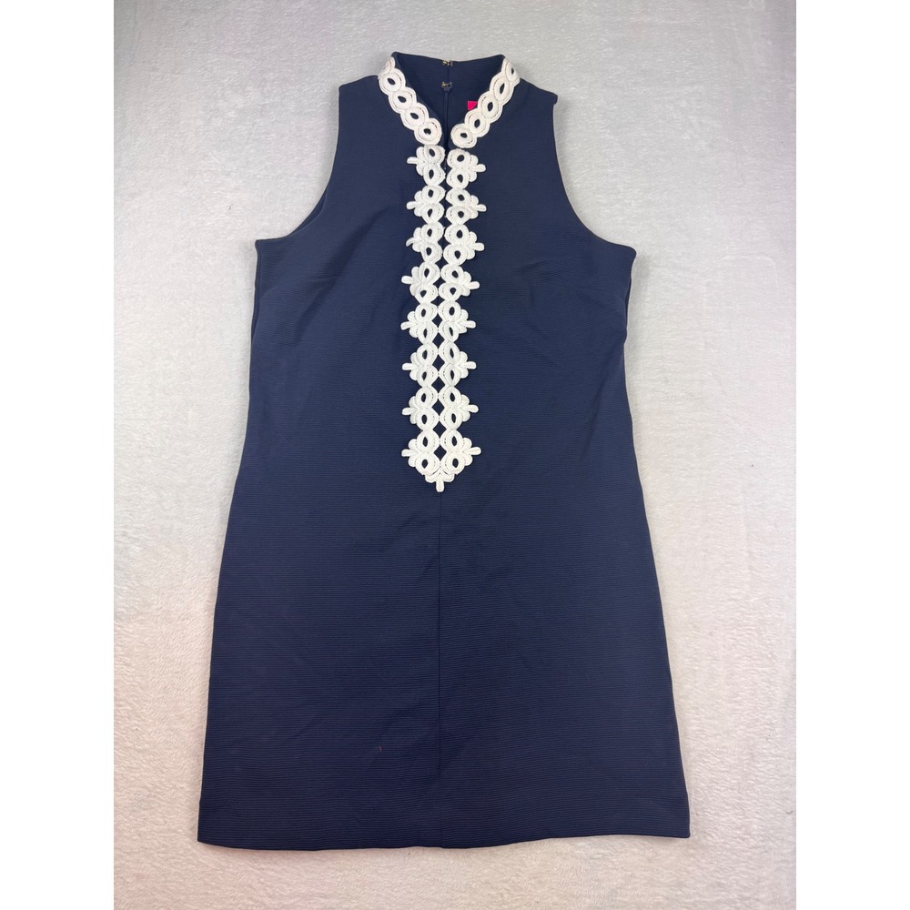 Lilly Pulitzer Navy Blue Ottoman Ribbed Lace Trim Shift Dress Large